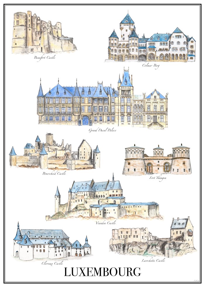 Castles of Luxembourg - hand drawn & designed by Miss Coco for www.RoadTripsaroundtheWorld.com