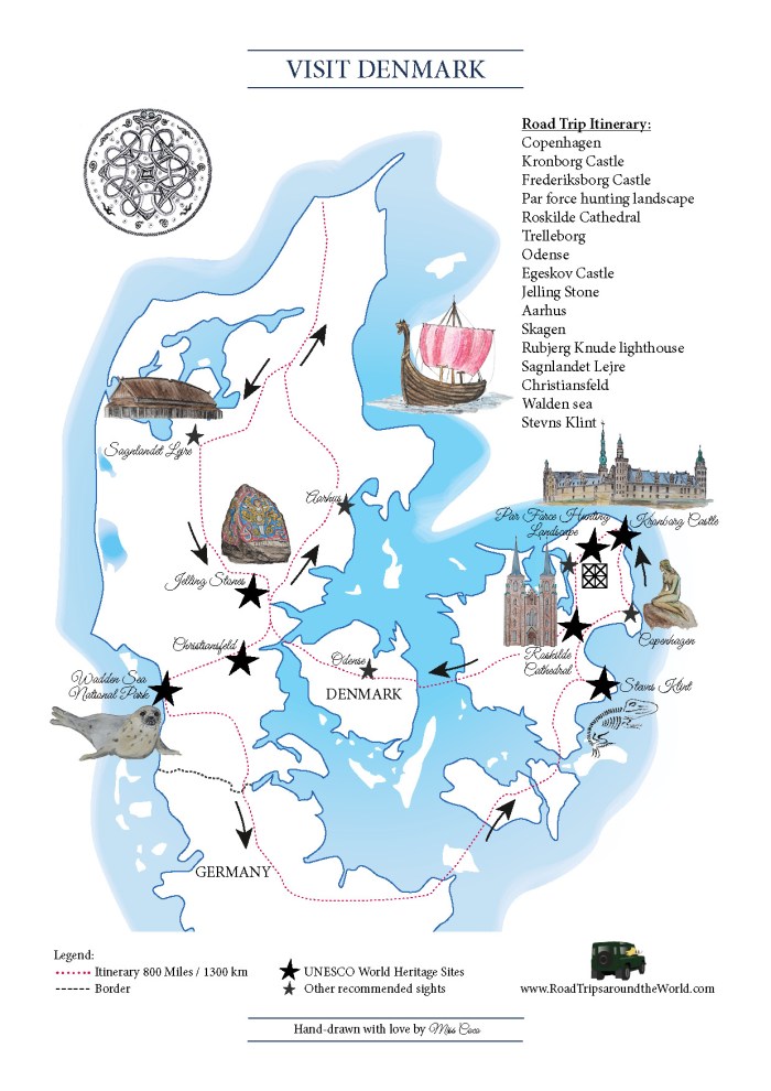 Map of Denmark - designed by Miss Coco for www.RoadTripsaroundtheWorld.com