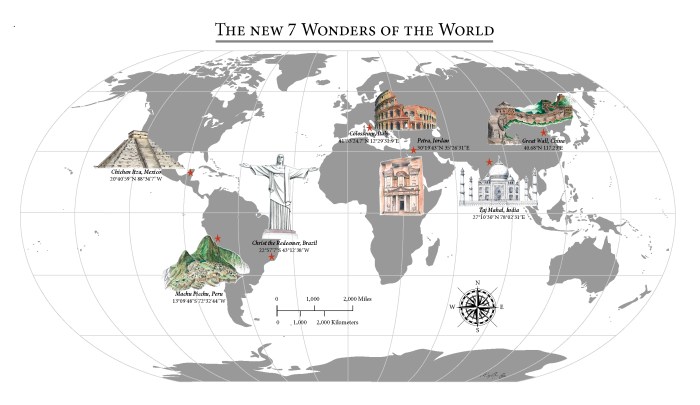 A Map of the New Wonders of the World - drawn with love by Miss Coco