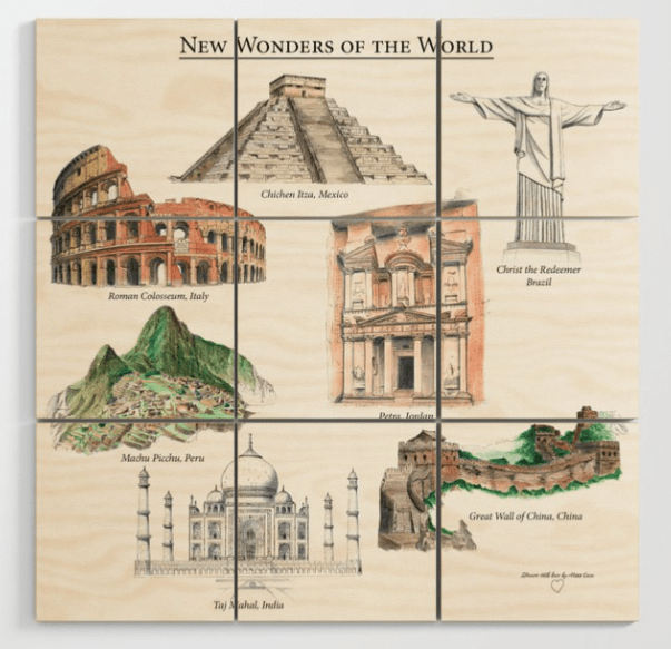 Drawings of the New Wonders of the World - Drawn by Miss Coco for www.RoadTripsaroundtheWorld.com - Wood Wall Art available on Society6.com:MissCoco