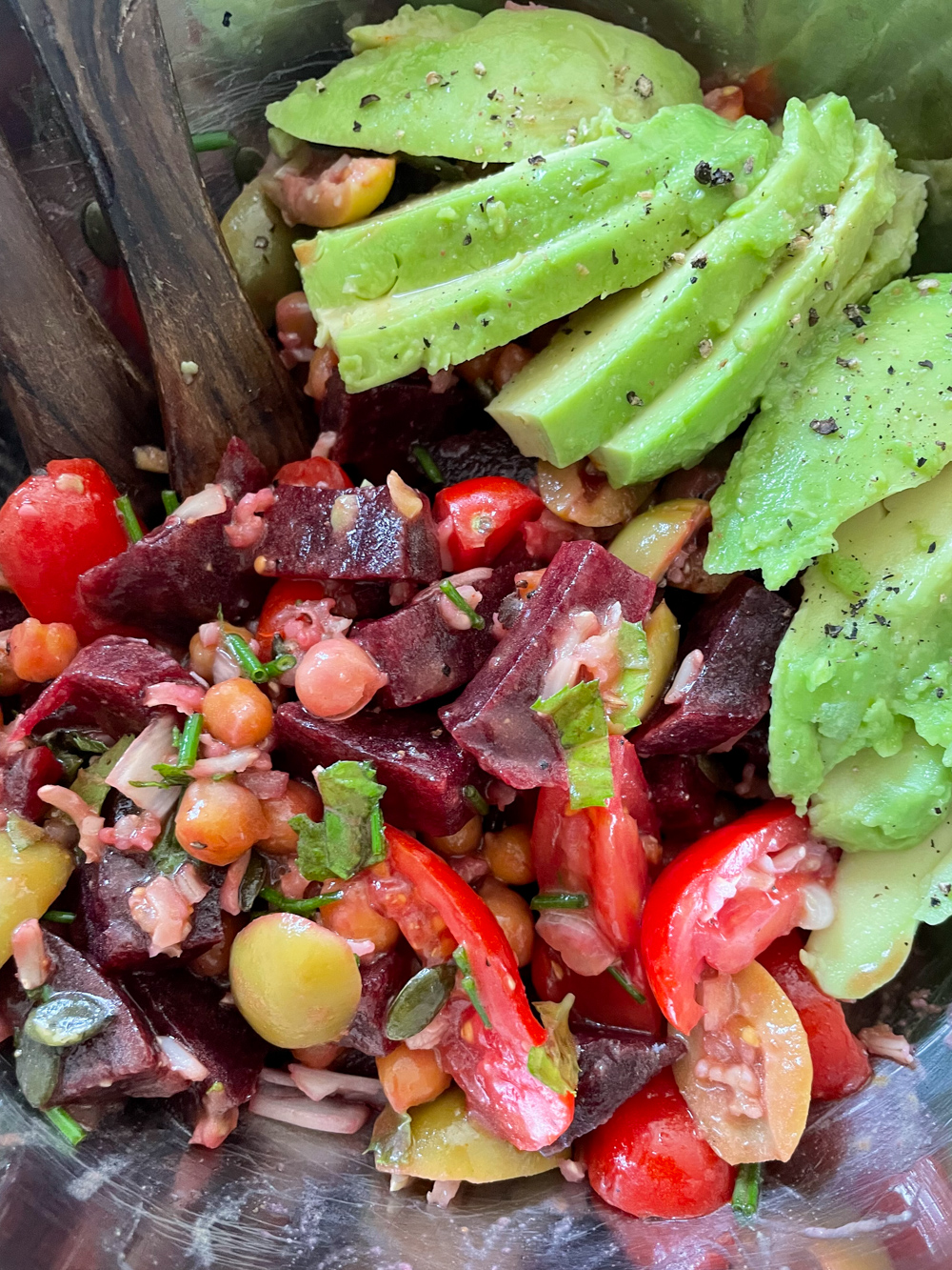 Beat, caramelized chickpeas, olives and left over rice salad with avocado
