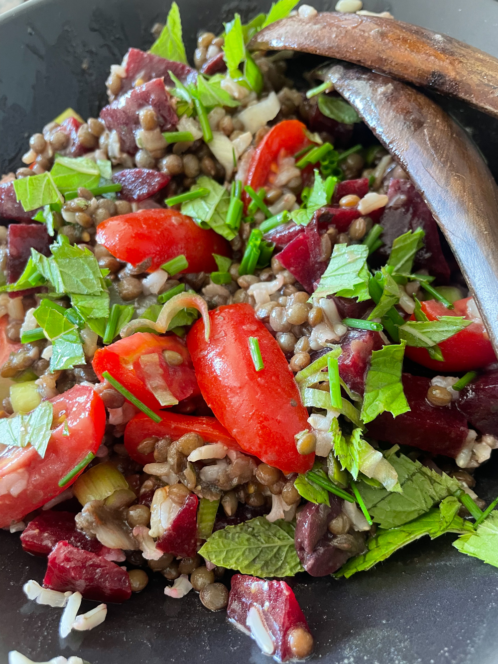 Left over lentils and rice with beets, tomatoes and herbs